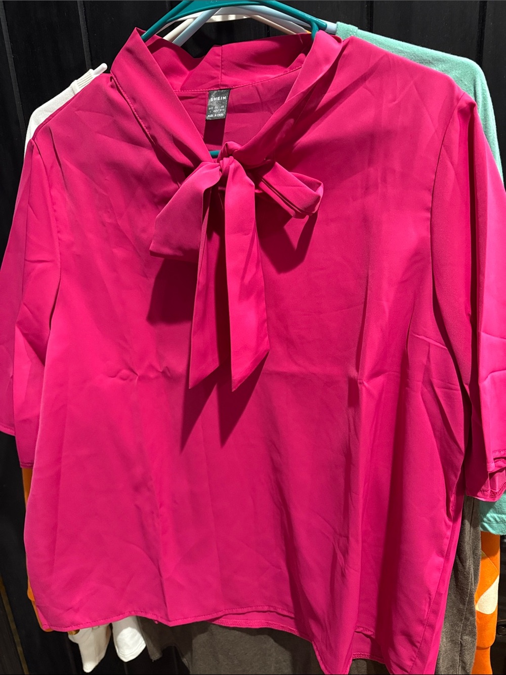 SHEIN Hot Pink Tie-Neck V-Neck Blouse